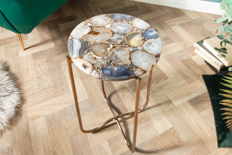 Table d'appoint ronde NOBLE I 35cm pierre précieuse agate pliable structure métal doré