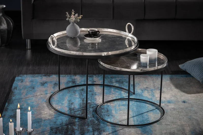 Lot de 2 tables basses rondes ELEMENTS 65cm plateau métal noir argenté table d'appoint