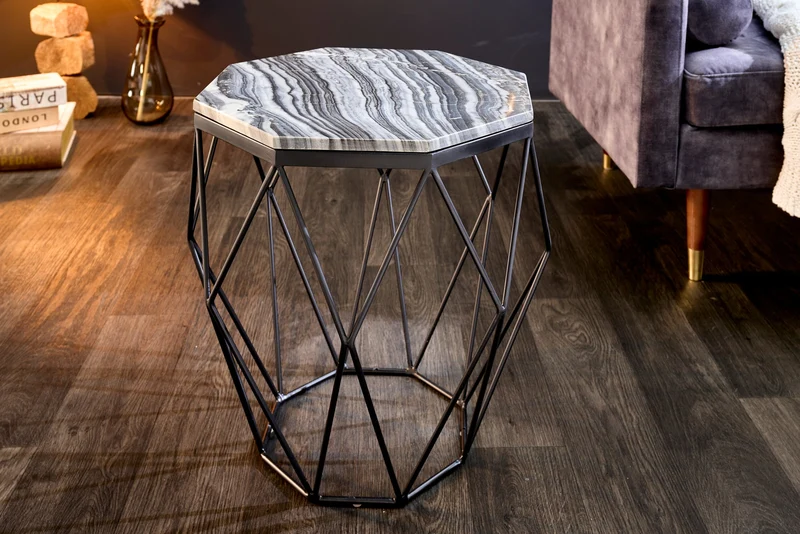 Table d'appoint design DIAMOND 50cm marbre gris métal noir