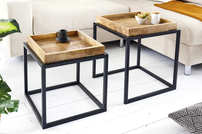 Lot de 2 tables d'appoint SERVITEUR 50cm bois de manguier naturel structure métal noir tables basses solides