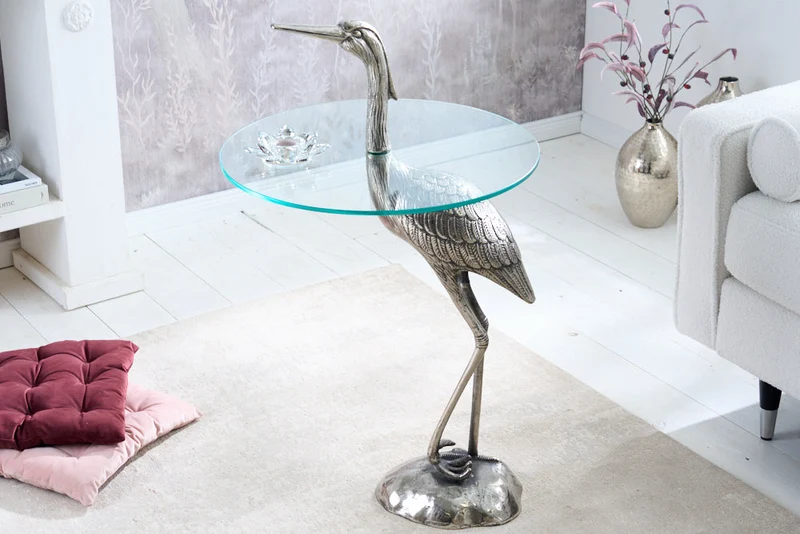 Table d'appoint ronde WILDLIFE HERON 90cm métal argenté verre sculpture héron fait main