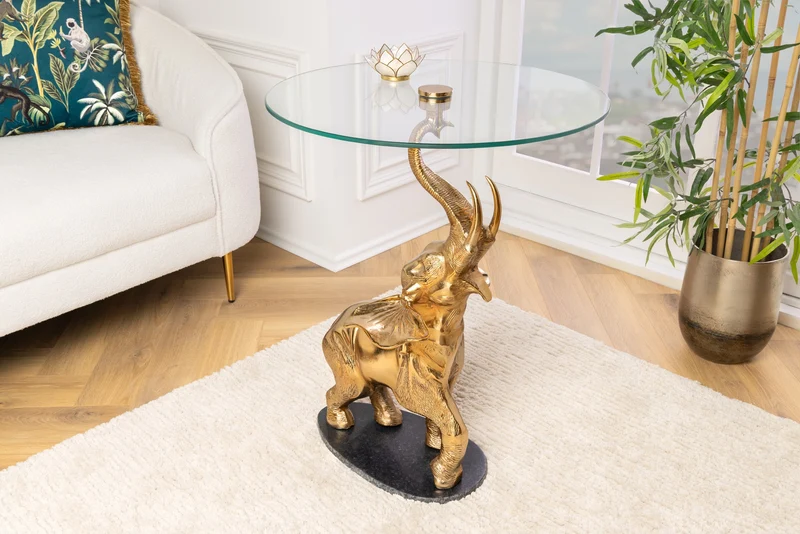 Table d'appoint ronde ELEPHANT 80cm métal doré verre marbre sculpture fait main