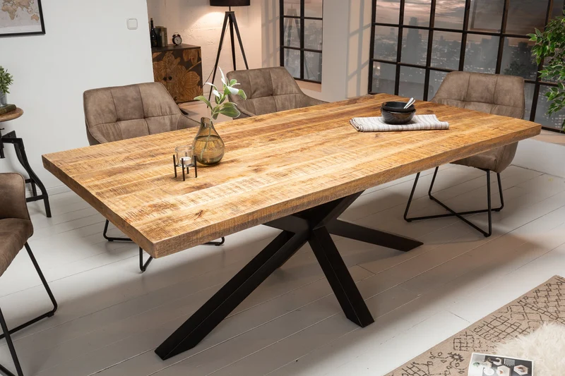 Table à manger industrielle solide GALAXIE 200cm en bois de manguier structure en forme d'étoile