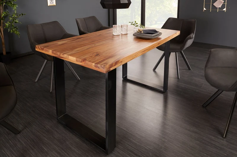 Table à manger en bois massif IRON CRAFT 140cm marron noir finition pierre Sheesham Industriel