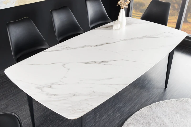 Table à manger MILANO 160cm marbre blanc céramique structure métal noir