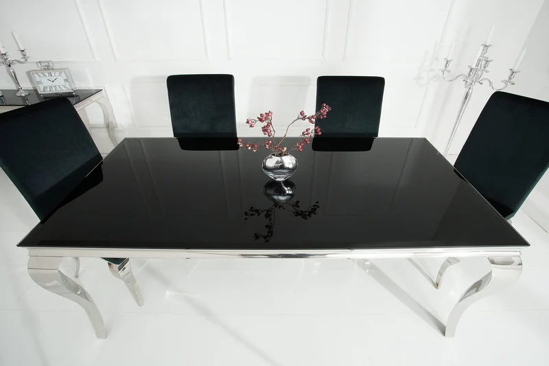 Table à manger au design élégant et moderne de style baroque, 200 cm, plateau en acier inoxydable noir et verre opale