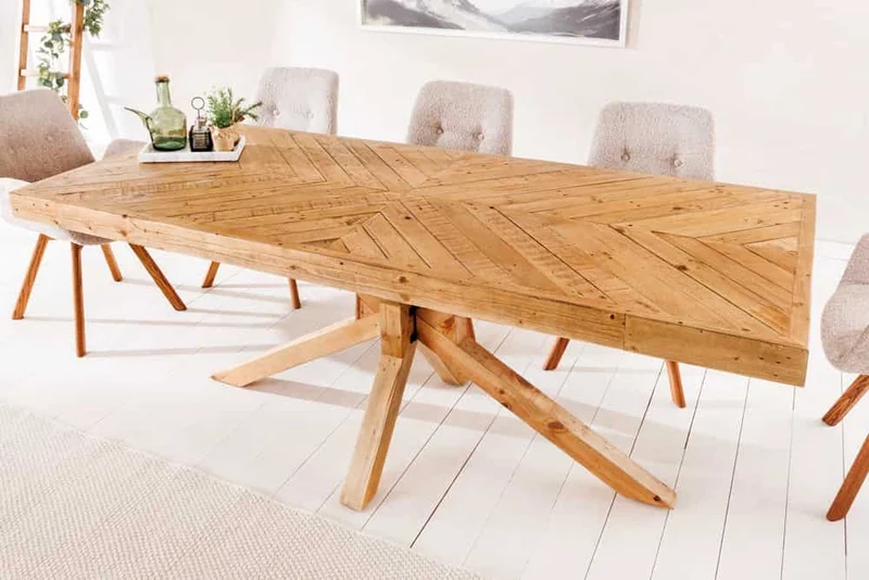 Table à manger en bois massif MOSAIC 160 cm, structure étoile en pin naturel recyclé