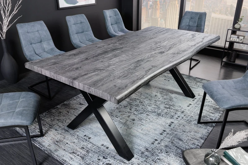 Table à manger industrielle WILD 180cm chêne sauvage gris cérusé design bord d'arbre cadre en X noir