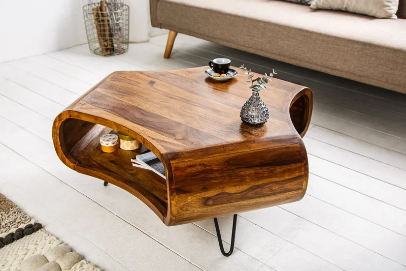Table basse rétro ORGANIC LIVING 90cm marron bois massif de Sheesham finition pierre espace de rangement