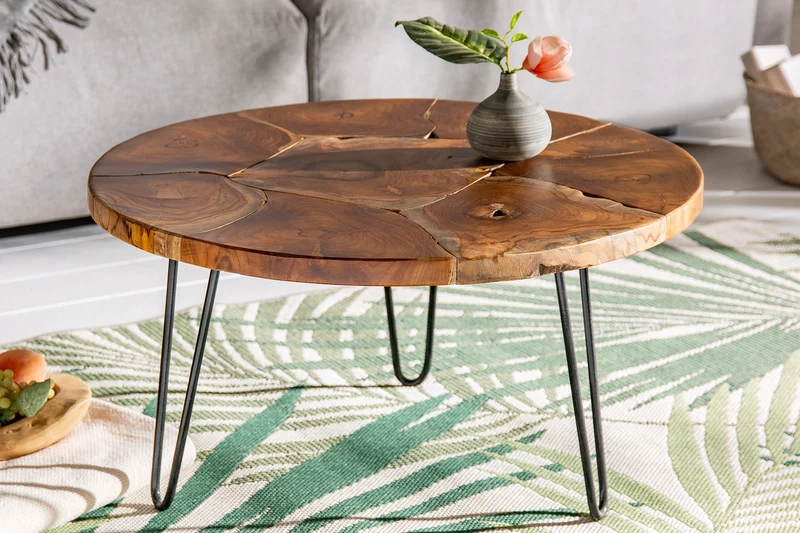Table basse ronde en bois massif MOSAIC 70cm teck naturel pieds épingles métal noir fait main