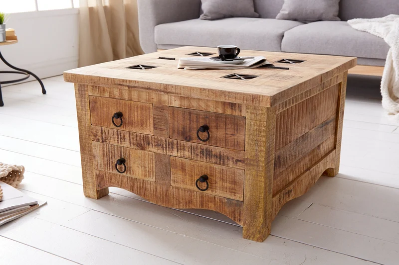 Table basse solide IRON CRAFT 70cm en bois de manguier avec tiroirs et espace de rangement