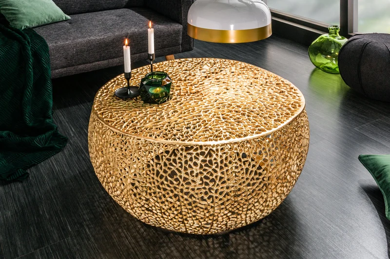 Table basse design filigrane ABSTRACT LEAF 80cm or fait main