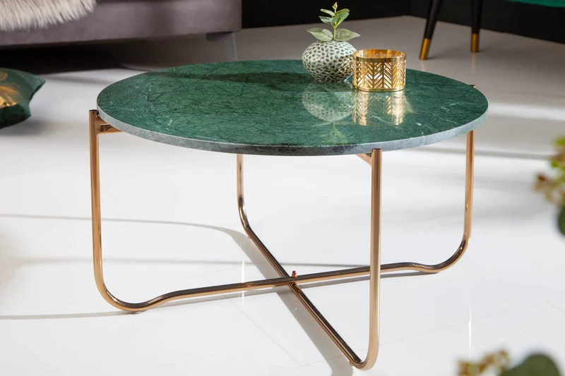 Table basse ronde NOBLE 65cm marbre vert plateau amovible pliable métal doré