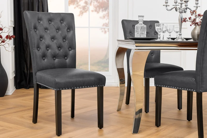 Lot de 2x chaises Chesterfield CASTLE simili cuir noir rivets décoratifs en bois d'hévéa