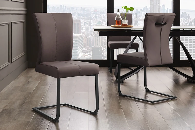 Lot de 2x chaises cantilever moderne SAMSON en cuir véritable gris taupe, structure en métal avec poignée confortable