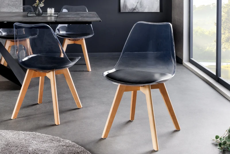Lot de 2x chaises design SCANDINAVIA MEISTERSTÜCK en plastique noir transparent et bois de hêtre naturel