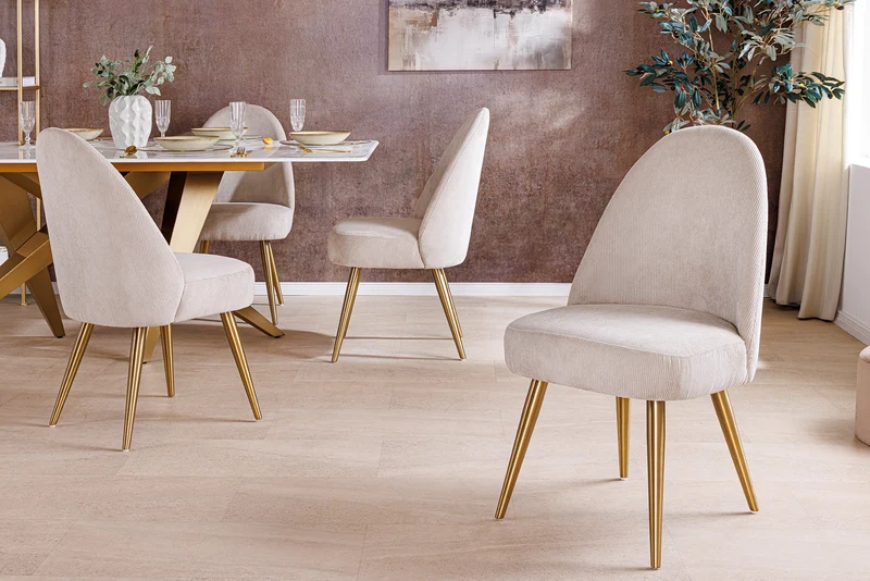 Lot de 2x chaises rétro MIA CASA beige cordon champagne or métal brossé