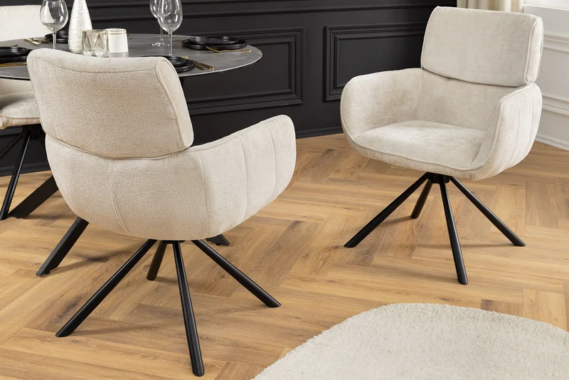 Lot de 2x chaises pivotante rétro UNIQUE pieds métal chenille beige champagne avec accoudoirs