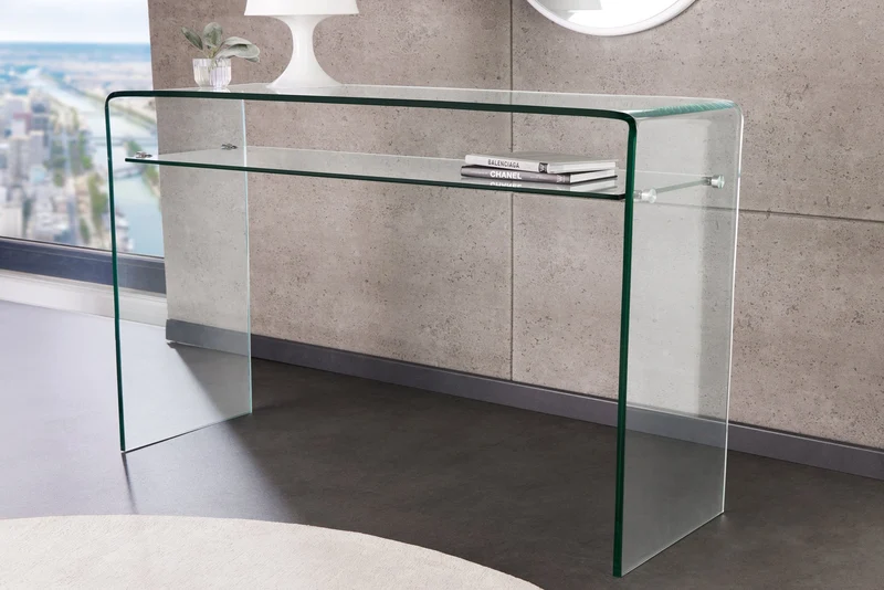 Console design FANTOME 100cm en verre transparent avec étagère