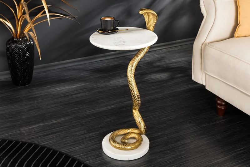 Table d'appoint ronde WILDLIFE COBRA 65cm sculpture serpent en marbre blanc doré faite main