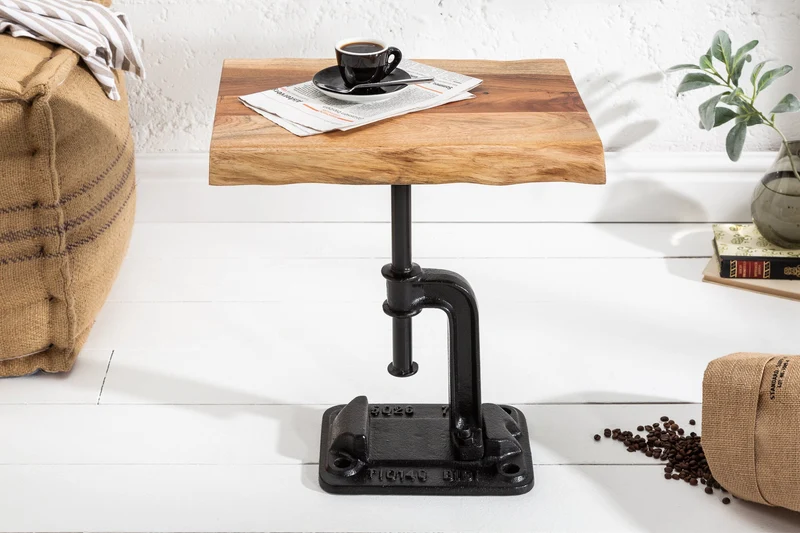 Table d'appoint authentique FACTORY 50cm en bois massif d'acacia bord d'arbre design industriel