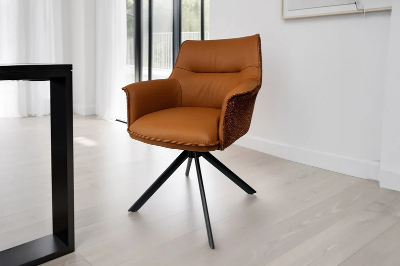 Lot de 2x fauteuils pivotant LE GRAND cuir véritable cognac tissu texturé structure métal noir
