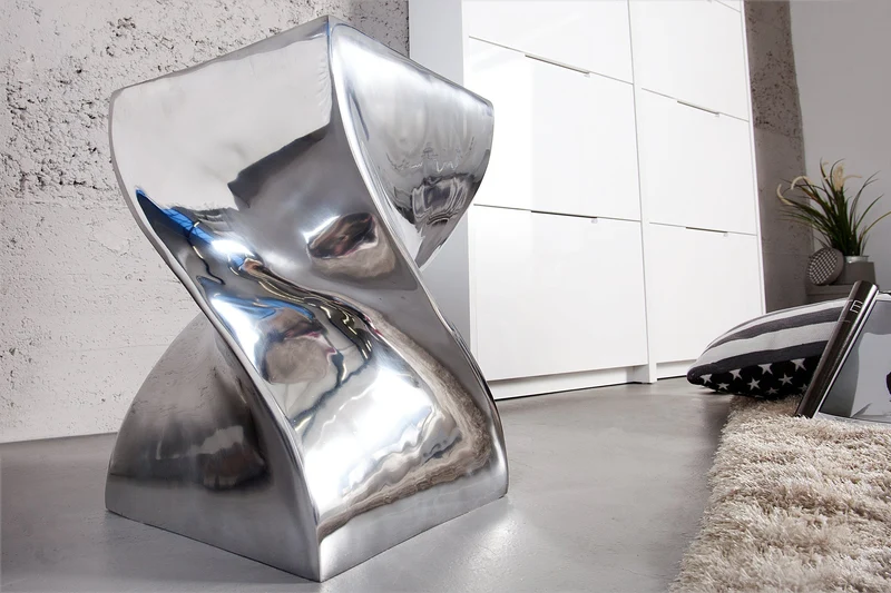 Table d'appoint sculpturale TWIST 45cm tabouret en aluminium poli argenté Design moderne
