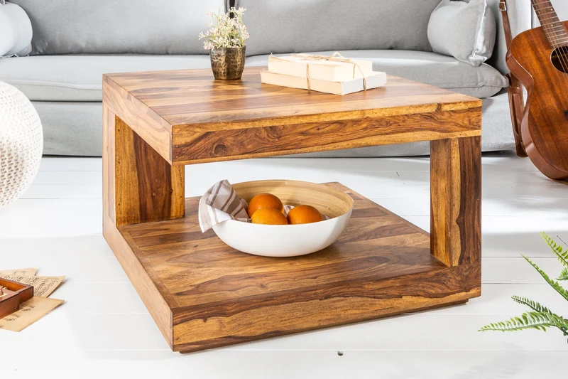 Table basse design GIANT 60cm en bois massif Sheesham marron finition pierre avec étagère