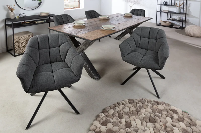 Lot de 2x fauteuils pivotant PAPILLON en tissu texturé anthracite avec accoudoirs, coutures décoratives, structure noire