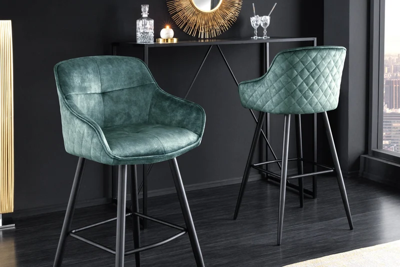 Tabouret de bar design EUPHORIA velours gris pieds métal noir chaise de bar avec dossier