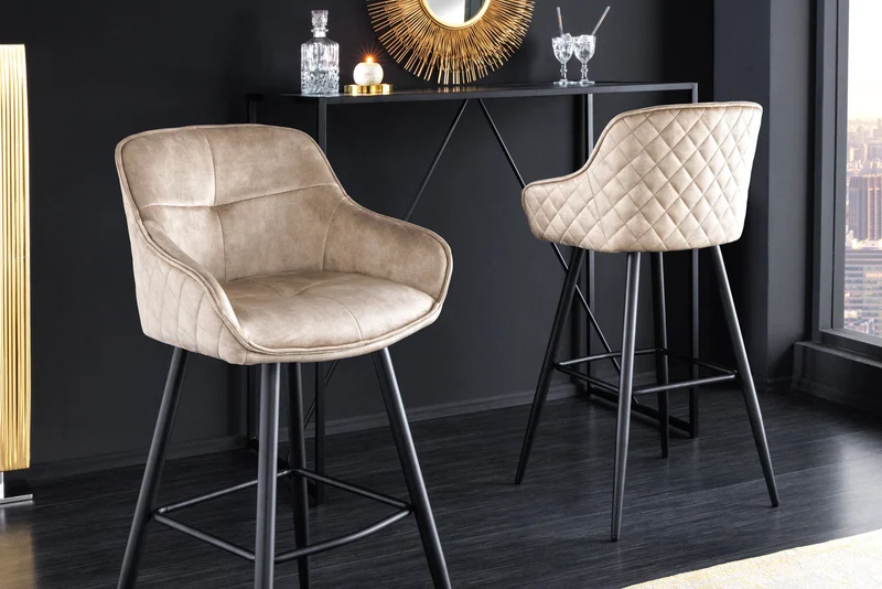Tabouret de bar design EUPHORIA velours champagne grège pieds métal noir chaise de bar avec dossier