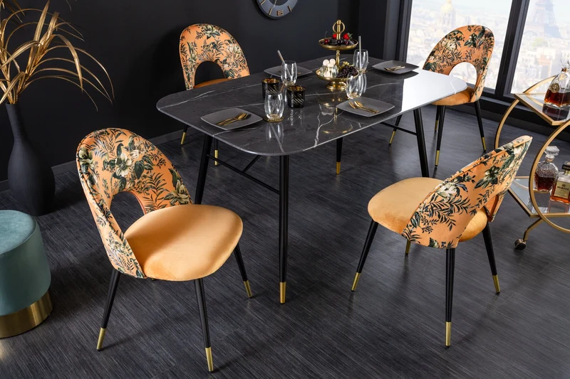 Lot de 2x chaises design PRÊT-À-PORTER en velours jaune motif floral et embouts de pieds dorés