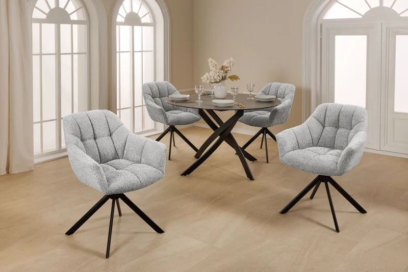 Lot de 2x chaises pivotante PAPILLON en bouclé gris avec accoudoirs, structure en métal noir