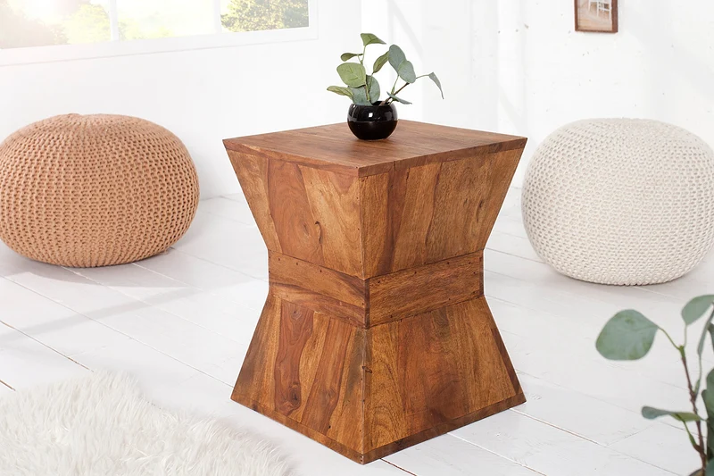 Table d'appoint solide PYRAMID 35 cm en bois de sheesham marron finition pierre grain tabouret