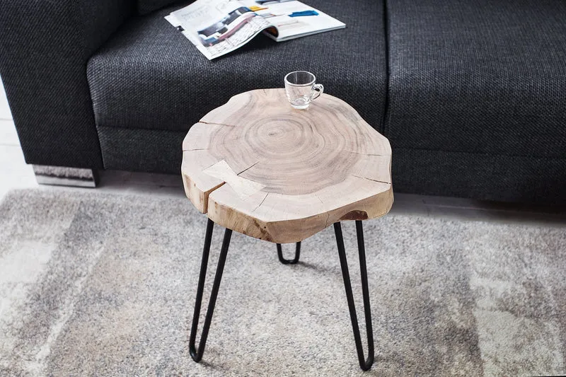 Table d'appoint en bois massif GOA 40cm tronc d'acacia naturel pieds épingle à cheveux en métal noir