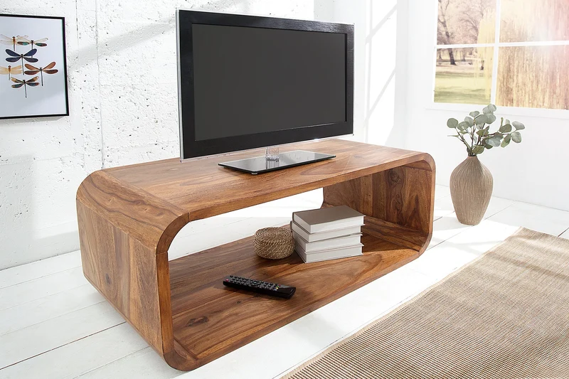 Table basse en bois massif CUBUS 100 cm marron finition pierre de Sheesham meuble TV design rétro