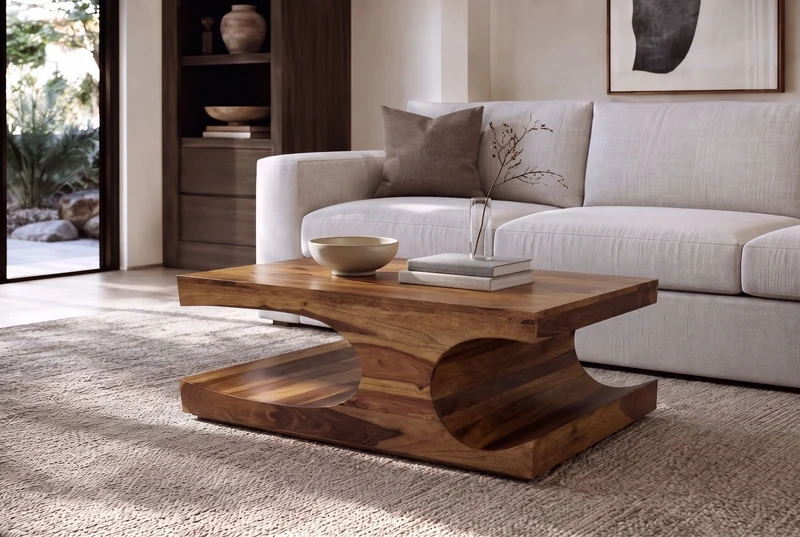 Table basse design CUBUS 120cm en bois massif Sheesham marron finition pierre avec rangements