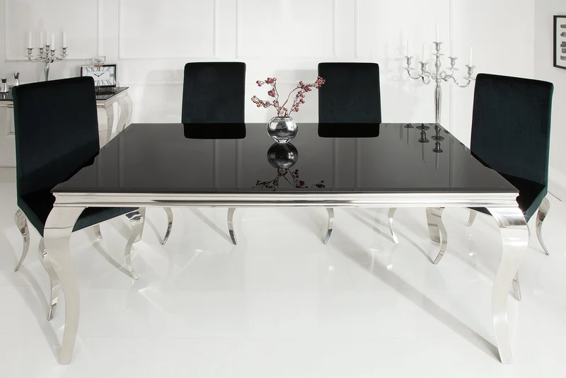 Table à manger au design élégant et moderne de style baroque, 180 cm, plateau en acier inoxydable noir et verre opale