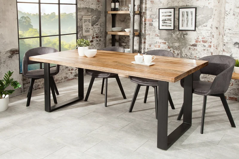 Table à manger solide IRON CRAFT 200 cm en bois de manguier naturel, structure luge en fer, design industriel