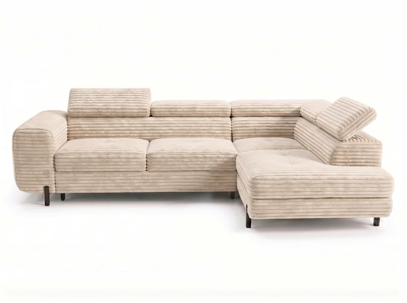 Canapé d’angle convertible Iéna – grande méridienne, coffre & têtières relevables