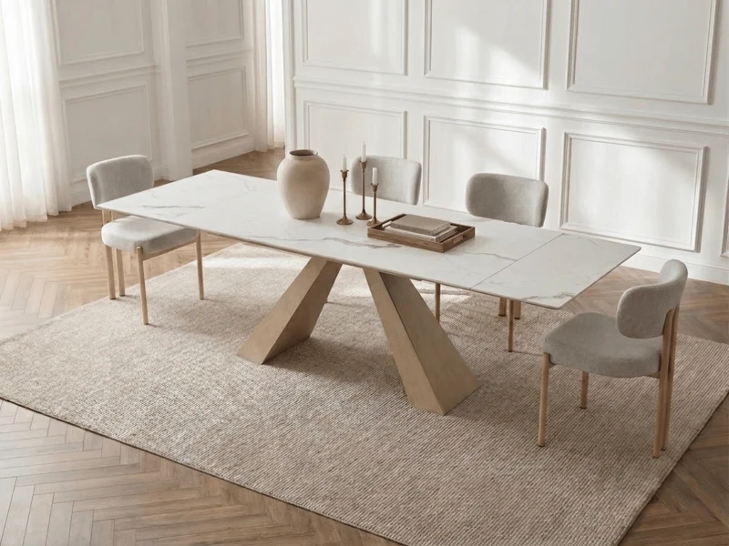 Table à manger extensible Calista – céramique marbre blanc 180 à 260 cm