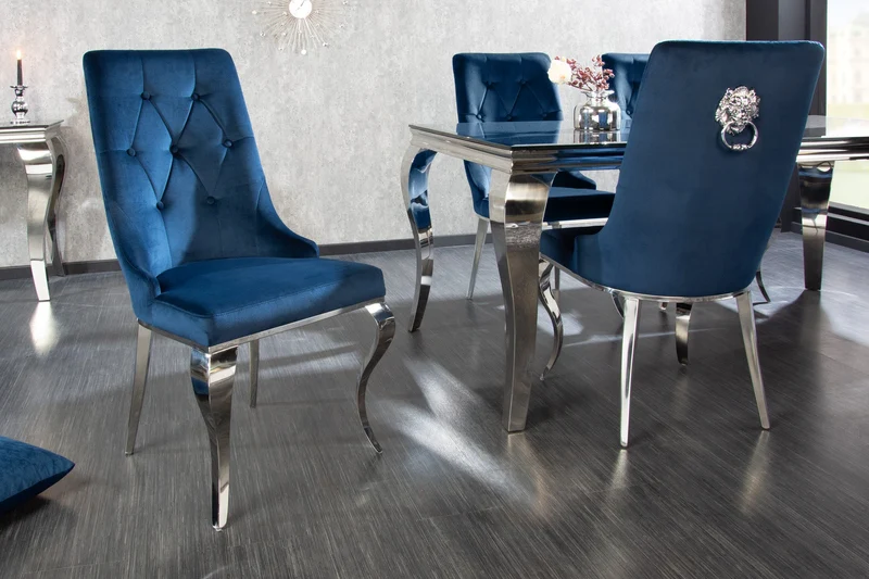 Lot de 2x chaises design MODERNE BAROQUE velours bleu roi avec tête de lion argentée