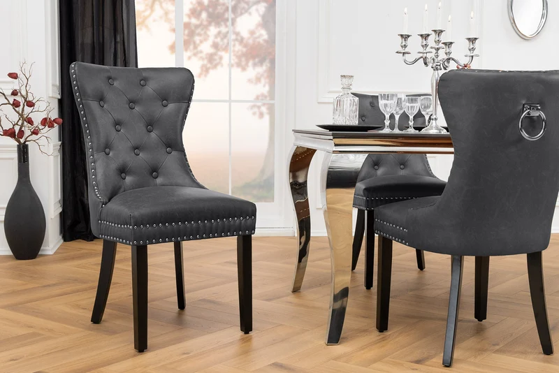 Lot 2x Chaises Chesterfield CASTLE en similicuir noir et bois massif avec poignée confort