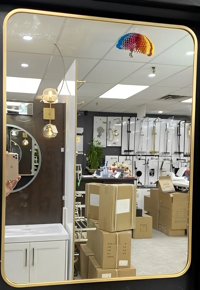 Rounded Corners Bathroom Mirror with Gold Frame