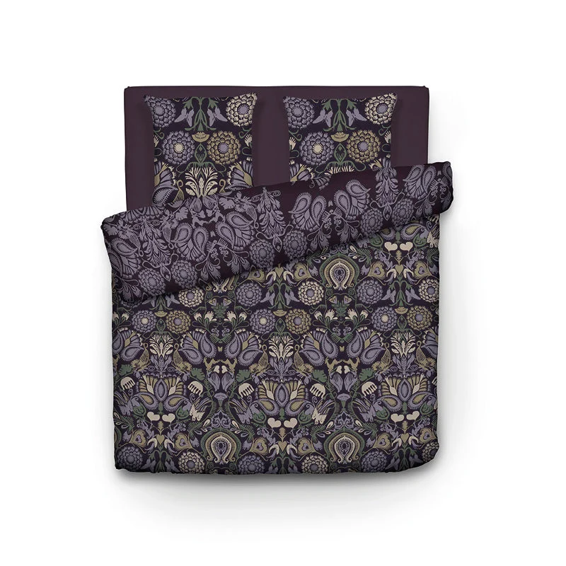 Housse de couette + taie(s) d'oreiller satin de coton - Love Stories prune