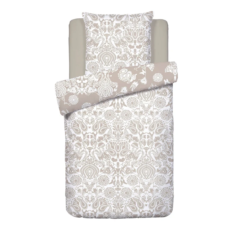 Housse de couette + taie(s) d'oreiller satin de coton - Love stories beige