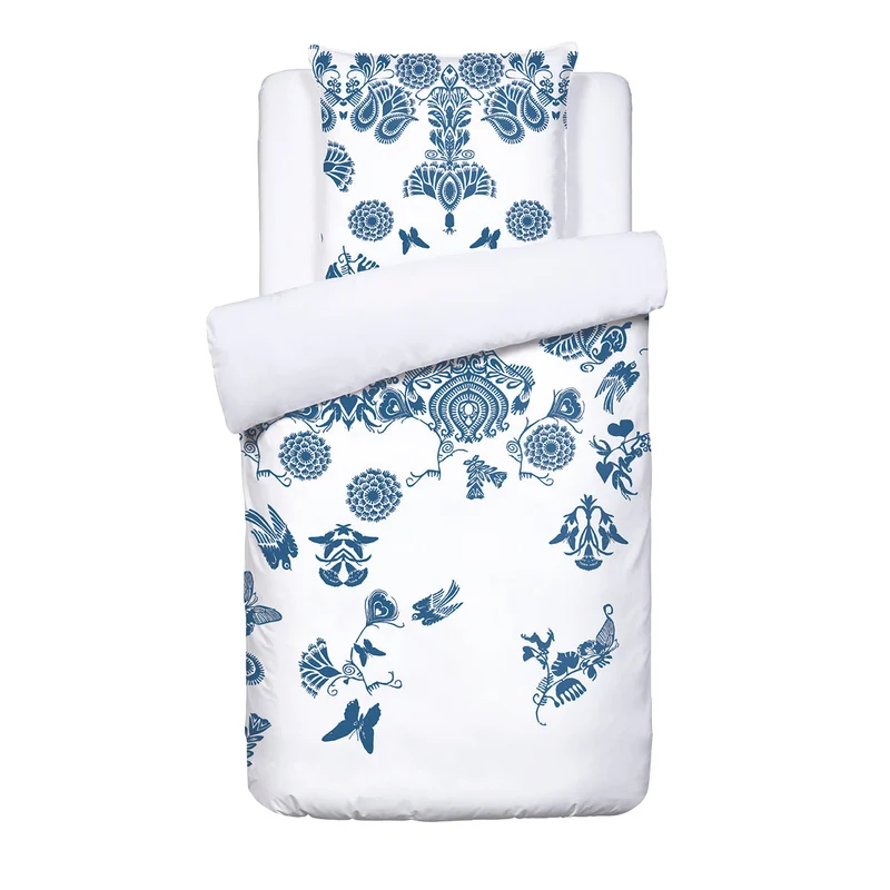 Housse de couette + taie(s) d'oreiller satin de coton - Love stories bleu/blanc