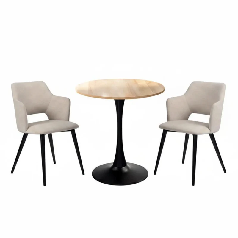 Ensemble de salle à manger composé d'une table ronde en chêne et de deux fauteuils en tissu beige, scandinave pour la salle à manger