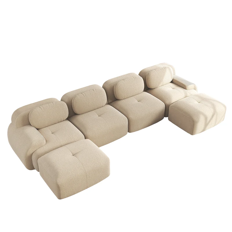 Ensemble de canapés avec accoudoirs incurvés et base antidérapante en tissu velours côtelé doux pour le salon, beige,siège4+tabouret2