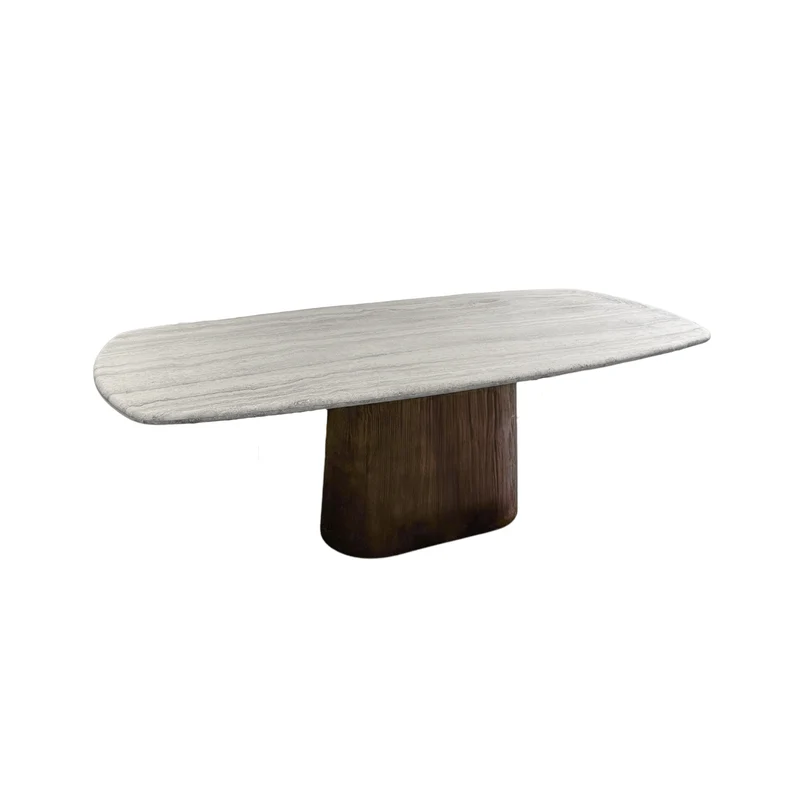 Table à manger rectangulaire Lorient - Pieds en bois fumé - Travertin gris - 240 cm ou 220 cm